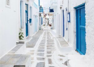 Charming White and Blue Street in Mykonos, Greece | Maestro Surfaces