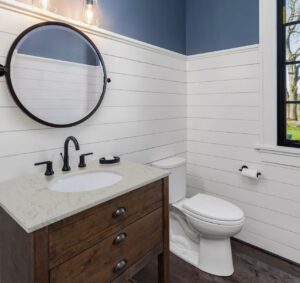 Elegant bathroom featuring Maestro quartz countertop on a wooden vanity